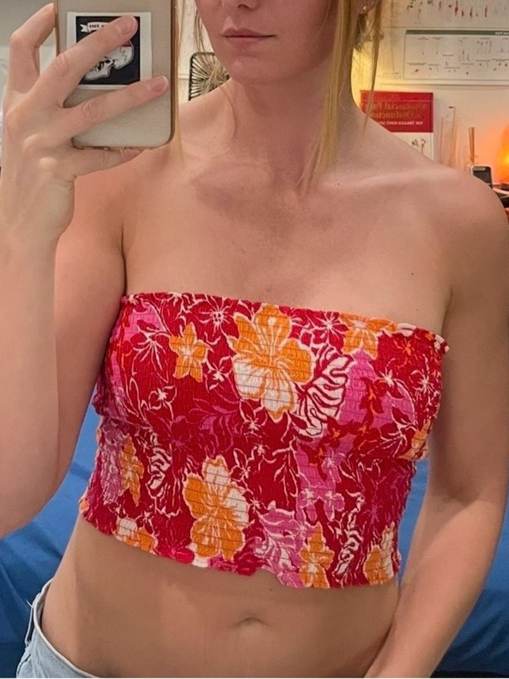 Roxy Red Floral Strapless Smocked Crop Top